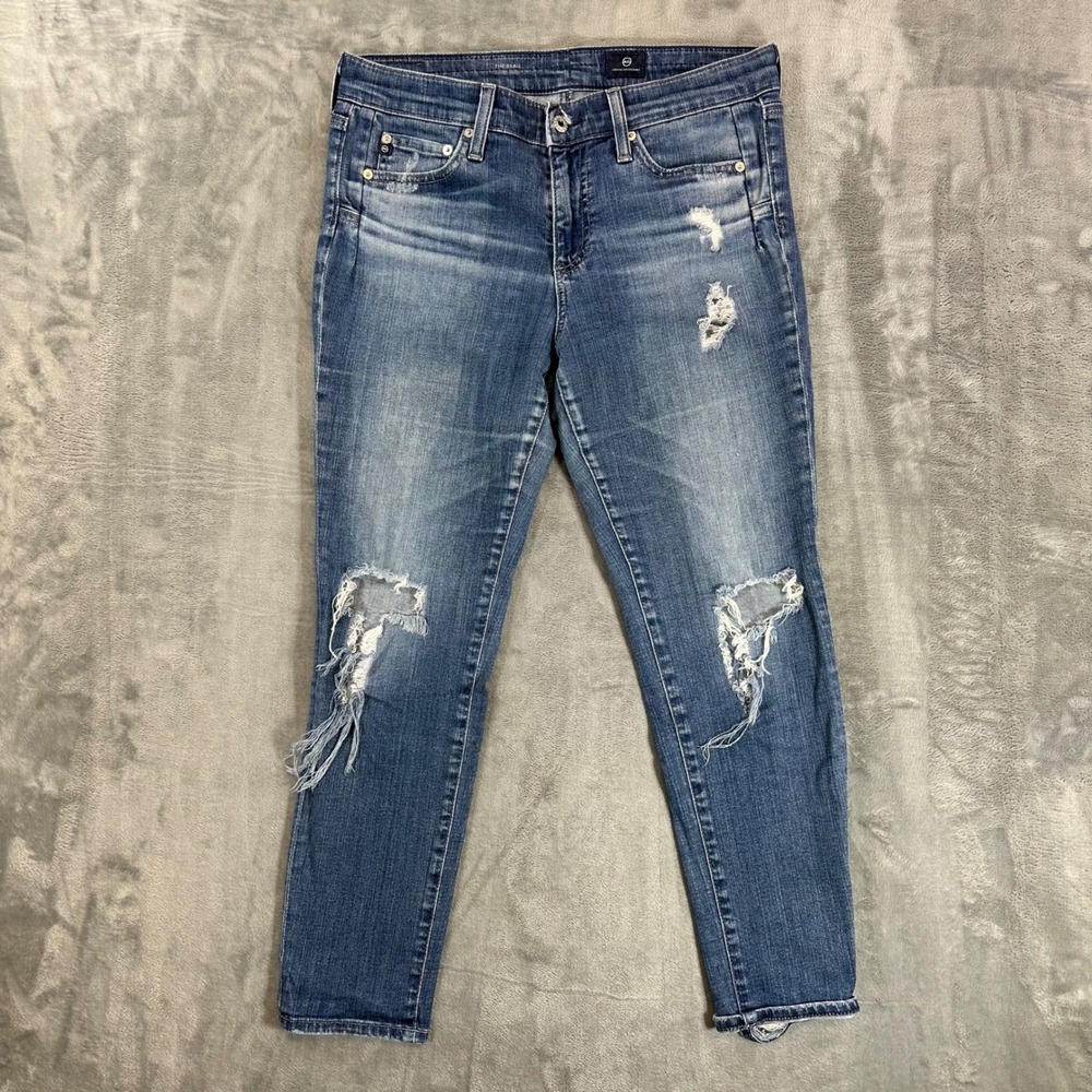 AG Adriano Goldschmied The Beau Slouchy Skinny Jeans Womens 28R Blue Distressed